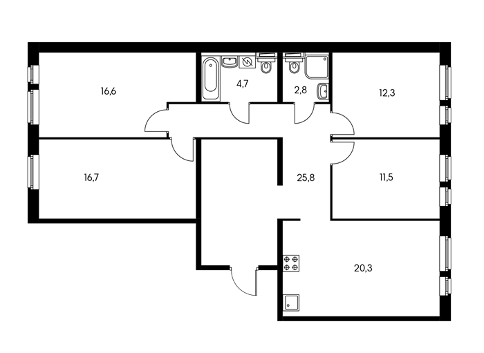 квартира с четырьмя спальнями, двумя санузлами, гостиной, объединённой с кухней
